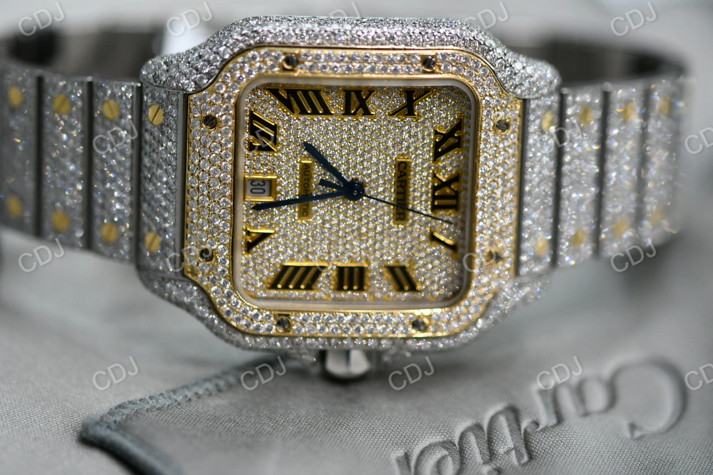Fully Iced Out Cartier Lab Grown Diamond Studded Hip Hop Watch customdiamjewel