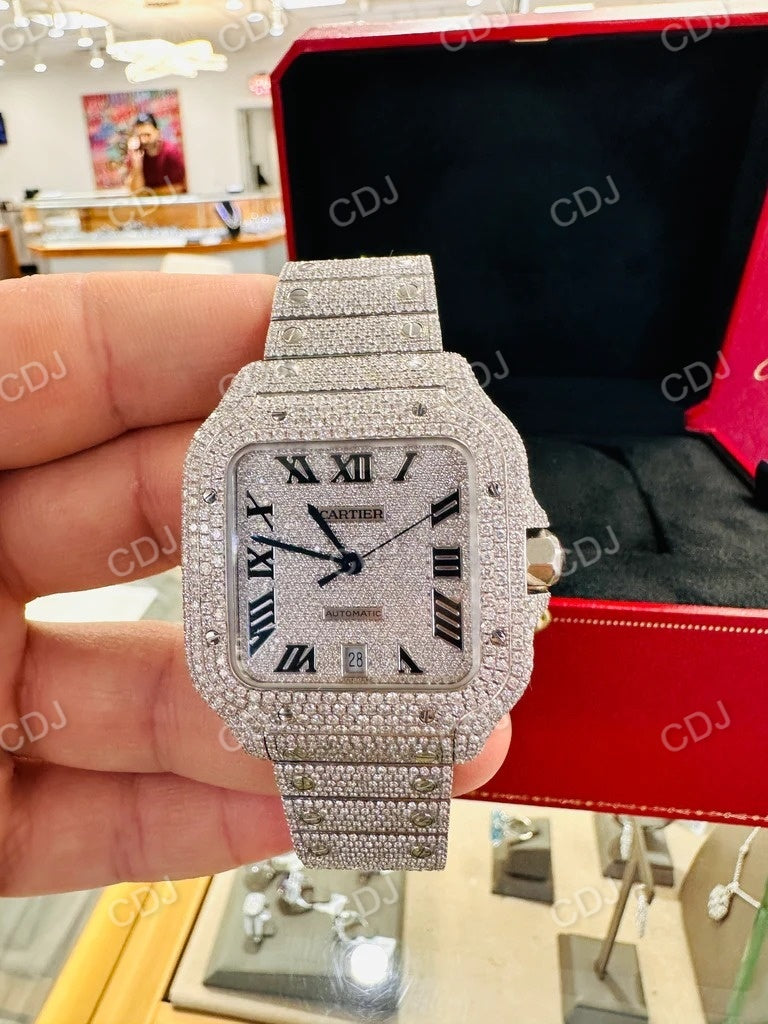 Fully Iced Out Cartier Moissanite Diamond Hip Hop Automatic Buss Down Watch customdiamjewel