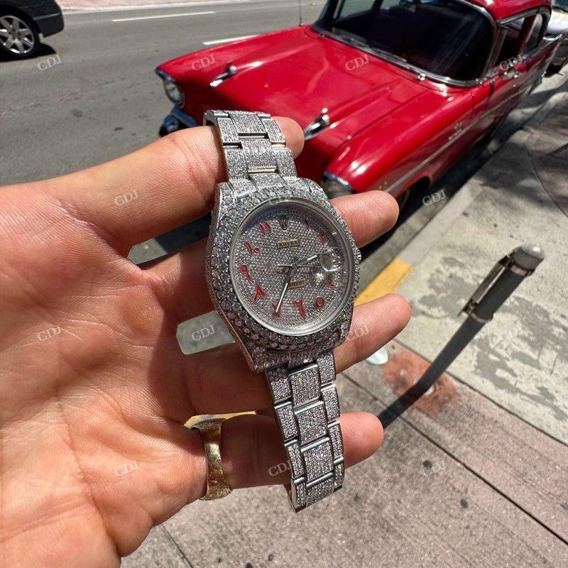 Red Arabic Dial Rolex Moissanite Watch For Men customdiamjewel