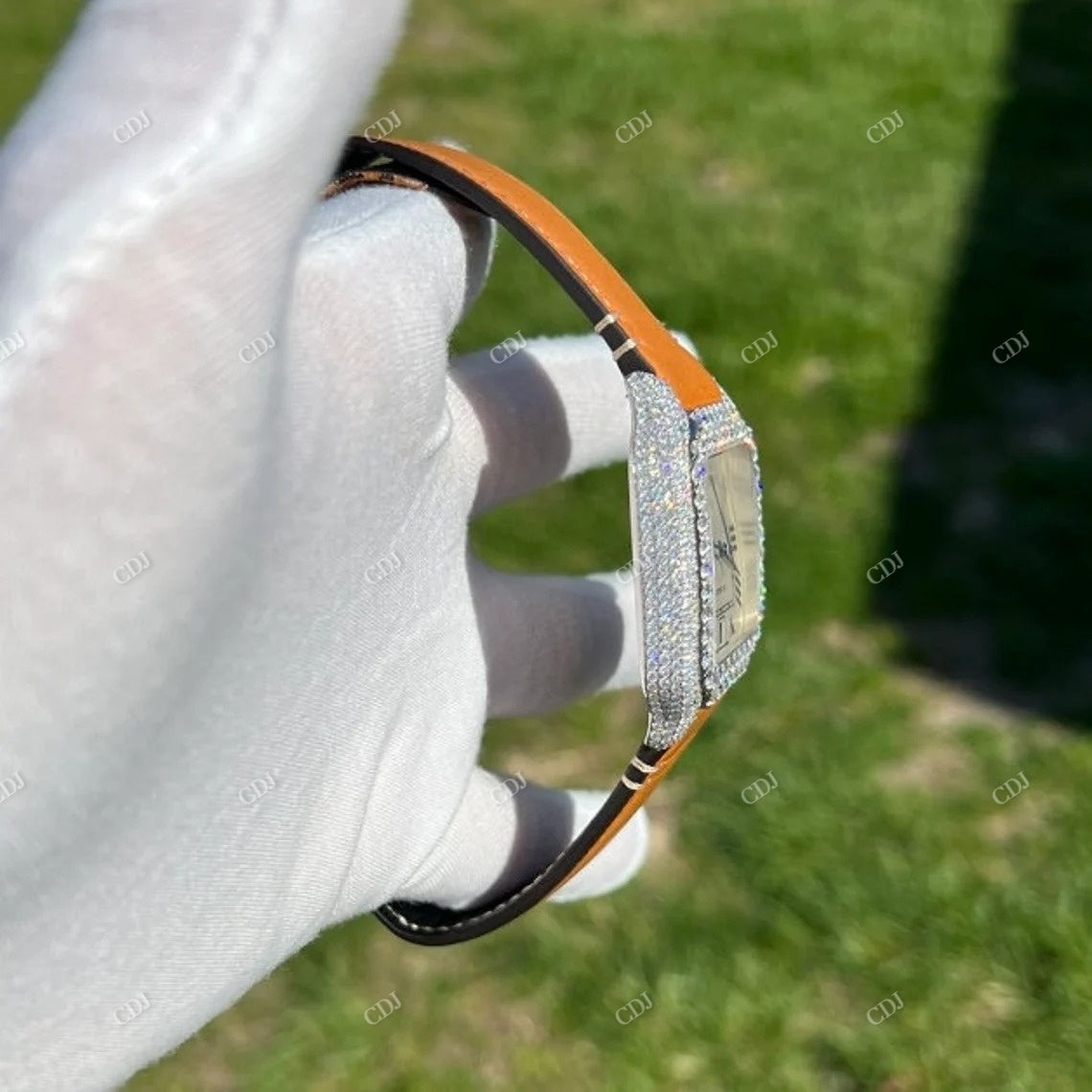 Cartier Santos Moissanite Diamond Leather Belt Watch customdiamjewel