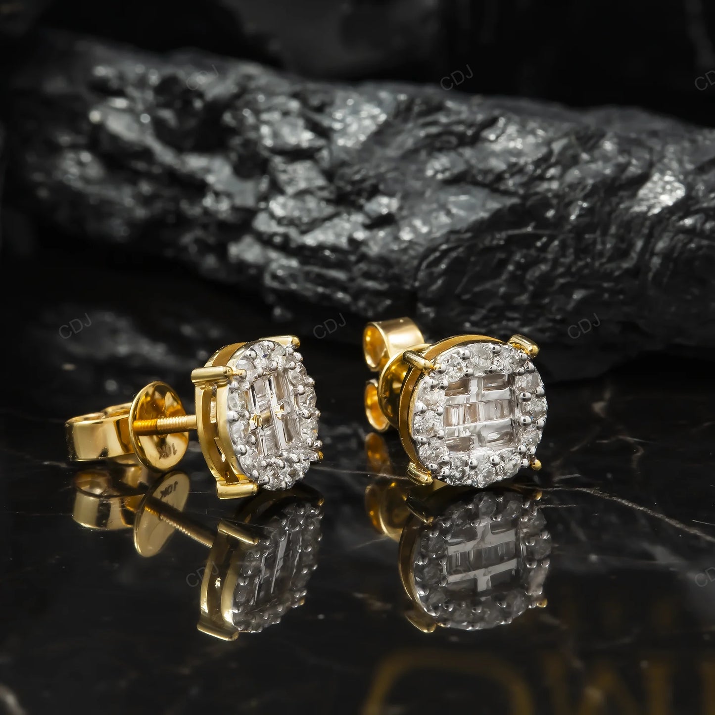 10K Gold Cluster Baguette Lab Grown Diamond Stud Earrings