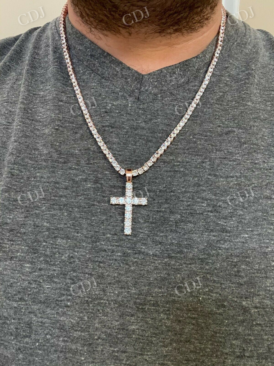Round Diamond 14k Rose Gold Tennis Cross Pendant customdiamjewel