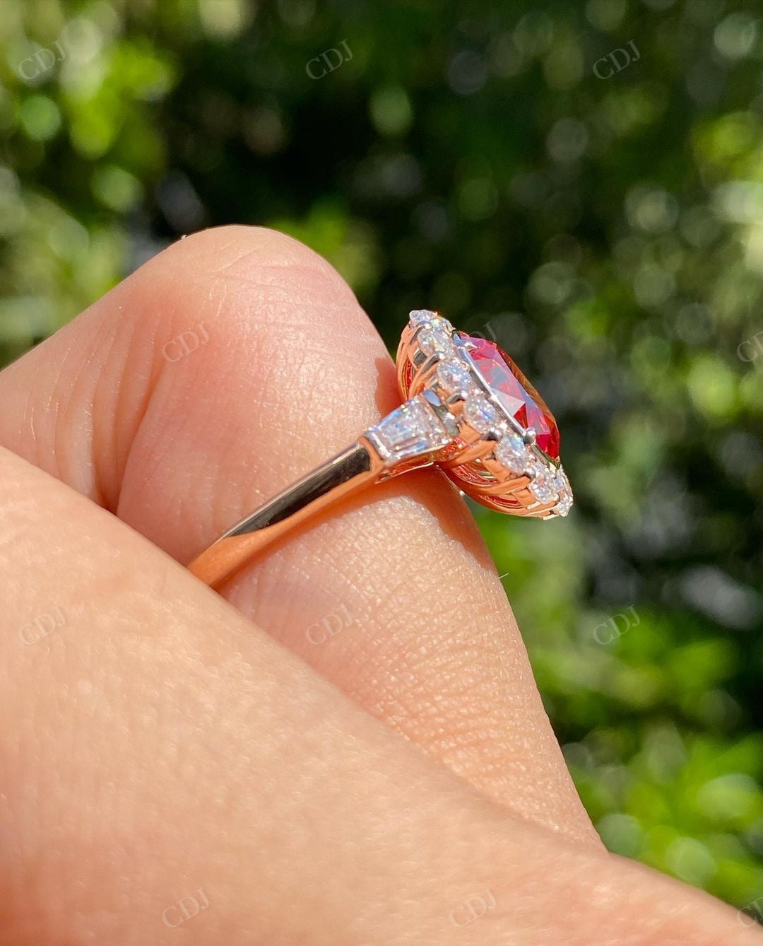 Oval Cut Ruby Halo Moissanite Wedding Ring