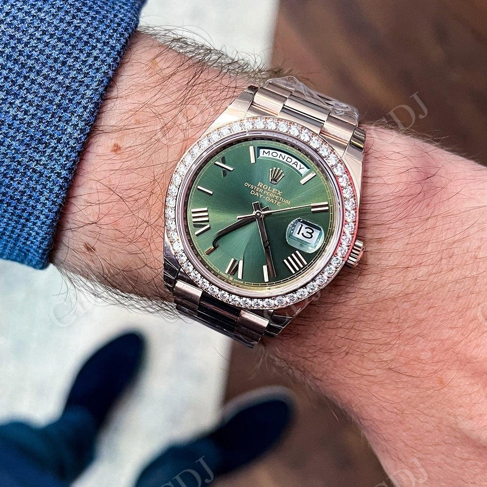 Diamond On Bezel Rolex Green Dial Day Date Watch customdiamjewel