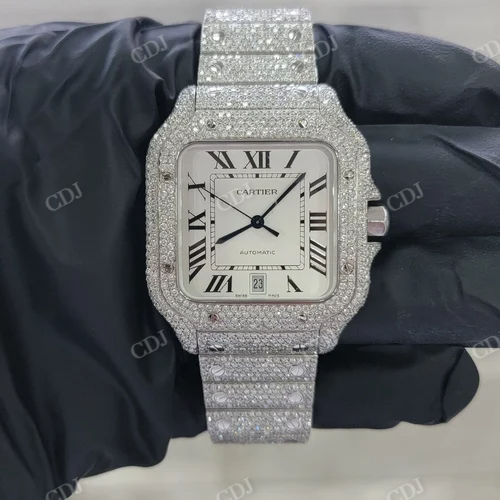 Full White Cartier Santos Hip Hop Lab Diamond Bust Down Watch customdiamjewel