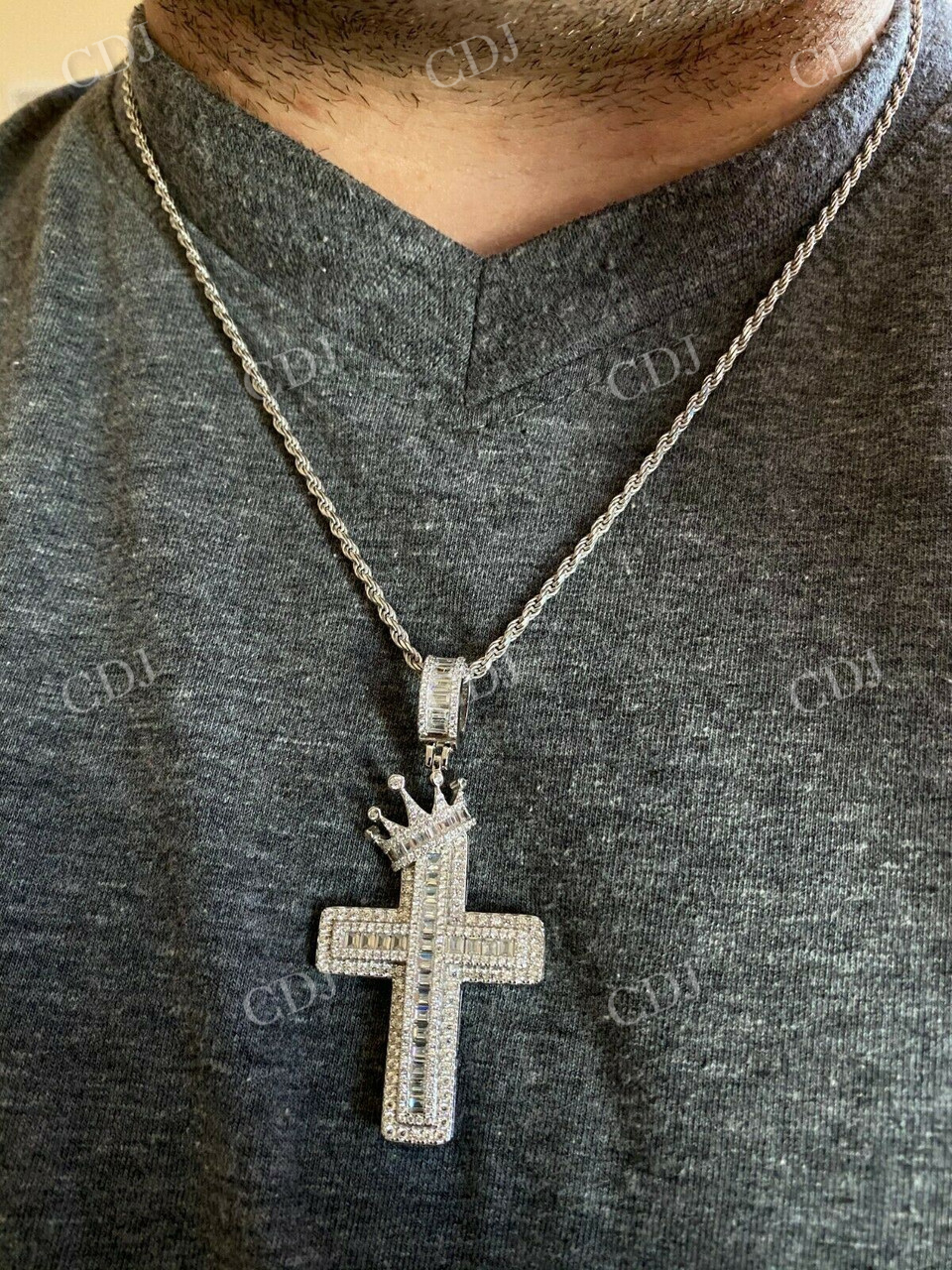 Baguette Diamond Cross W. King Crown Iced Gold Pendant customdiamjewel