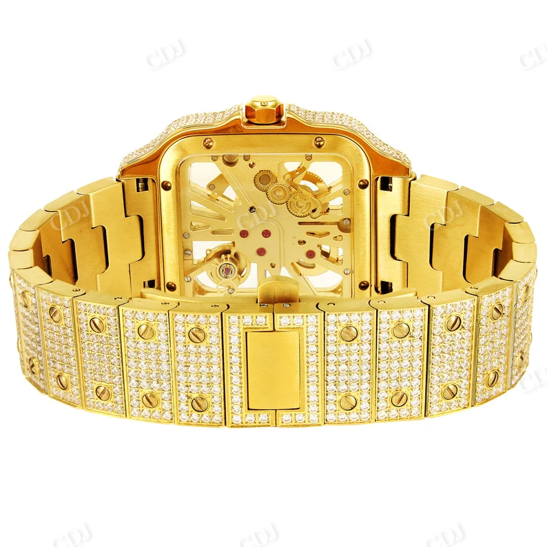 Cartier VVS Moissanite Skeleton Yellow Gold Rapper Watch customdiamjewel
