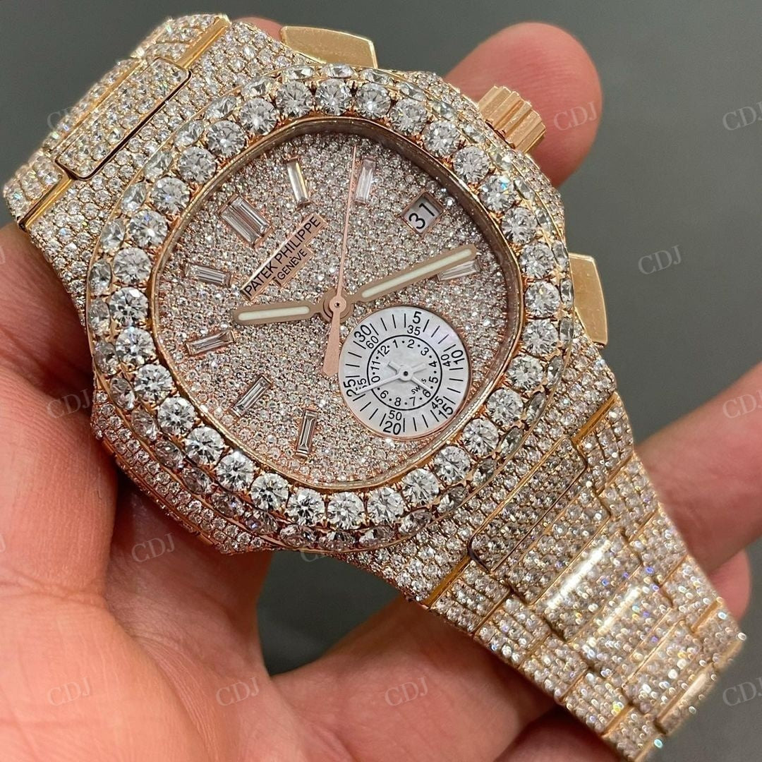 Patek Philippe Fully Iced Out Diamond Rose Gold Pelted Moissanite Watch customdiamjewel