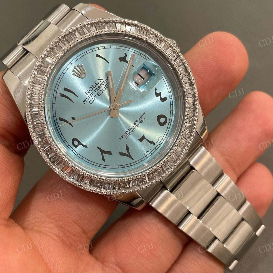 Stainless Steel Blue Dial Bugatte Diamond Moissanite Rolex Watch customdiamjewel