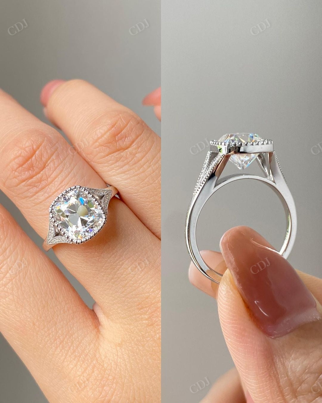 Cushion Milgrain Set Lab Grown Diamond Ring