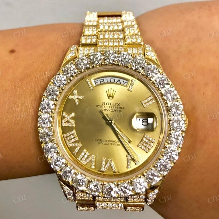 Gold Plated Stainless Steel Rolex Diamond Moissanite Watch customdiamjewel