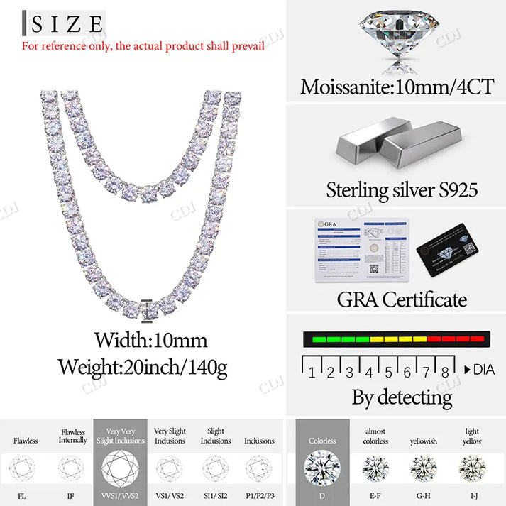 14K White Gold 10mm Round GRA Moissanite Tennis Chain hip hop jewelry CustomDiamJewel
