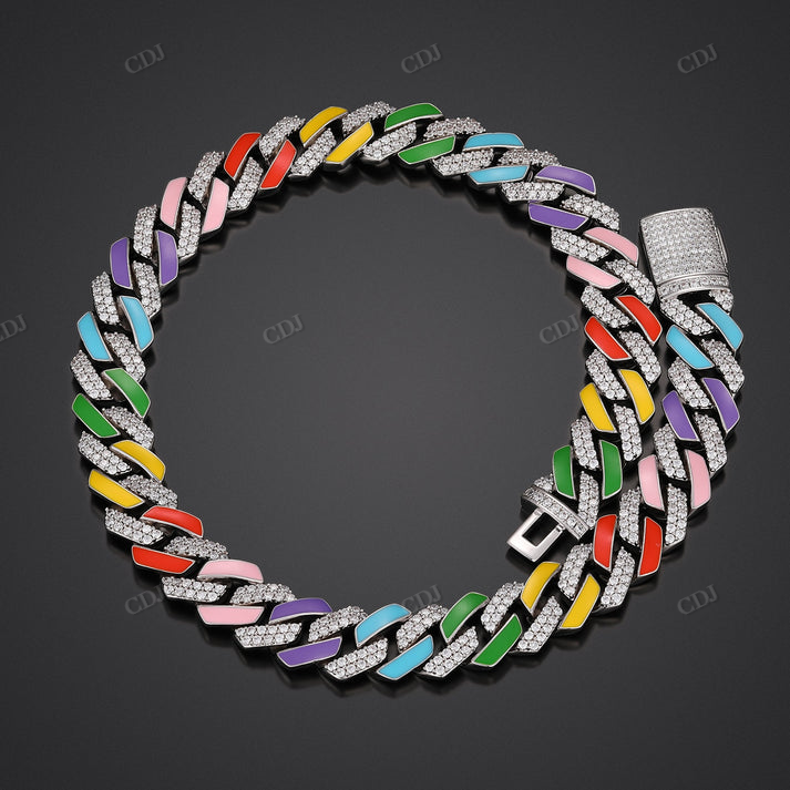 14mm Multi-Colored VVS Moissanite S925 Cuban Link Chain hip hop jewelry CustomDiamJewel