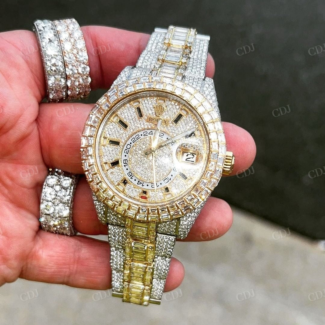 Hip Hop Two Tone Rolex Sky Dweller Fully Diamond Moissanite Watch customdiamjewel