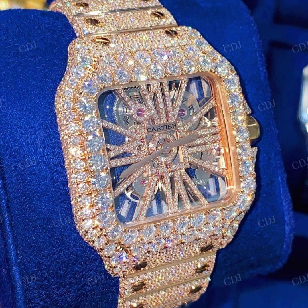 Cartier Skeleton Rose Gold Plated Diamond Iced Out Moissanite Watch customdiamjewel