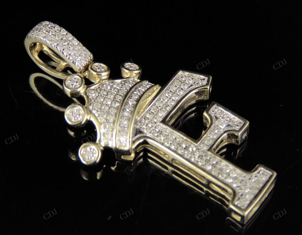 1.5" 0.4TW 10K Gold Diamond Crown Initial 'F' Letter Pendant CustomDiamJewel