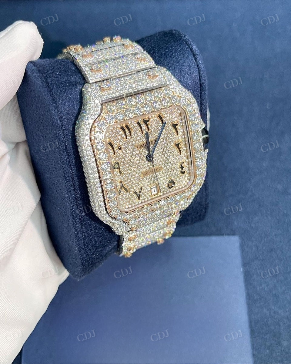 Fully Iced Out Arabic Dial Custom Moissnite Diamond Cartier Santos Watch customdiamjewel