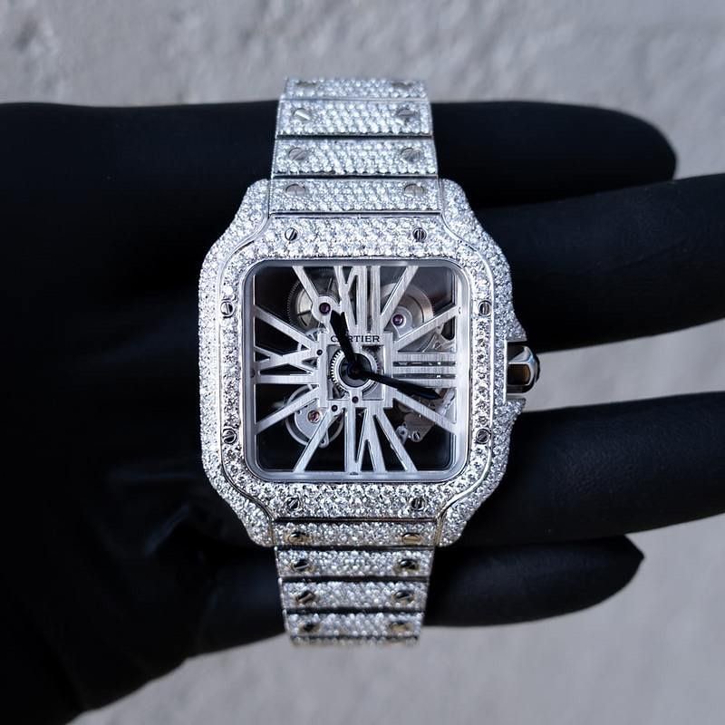 Full White Cartier Skeleton Iced Out Moissanite Diamond Hip Hop Male Watch hip hop jewelry customdiamjewel