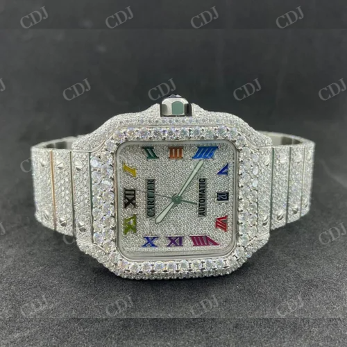 Rainbow Dial Fully Iced Out Moissanite Cartier Diamond Watch customdiamjewel