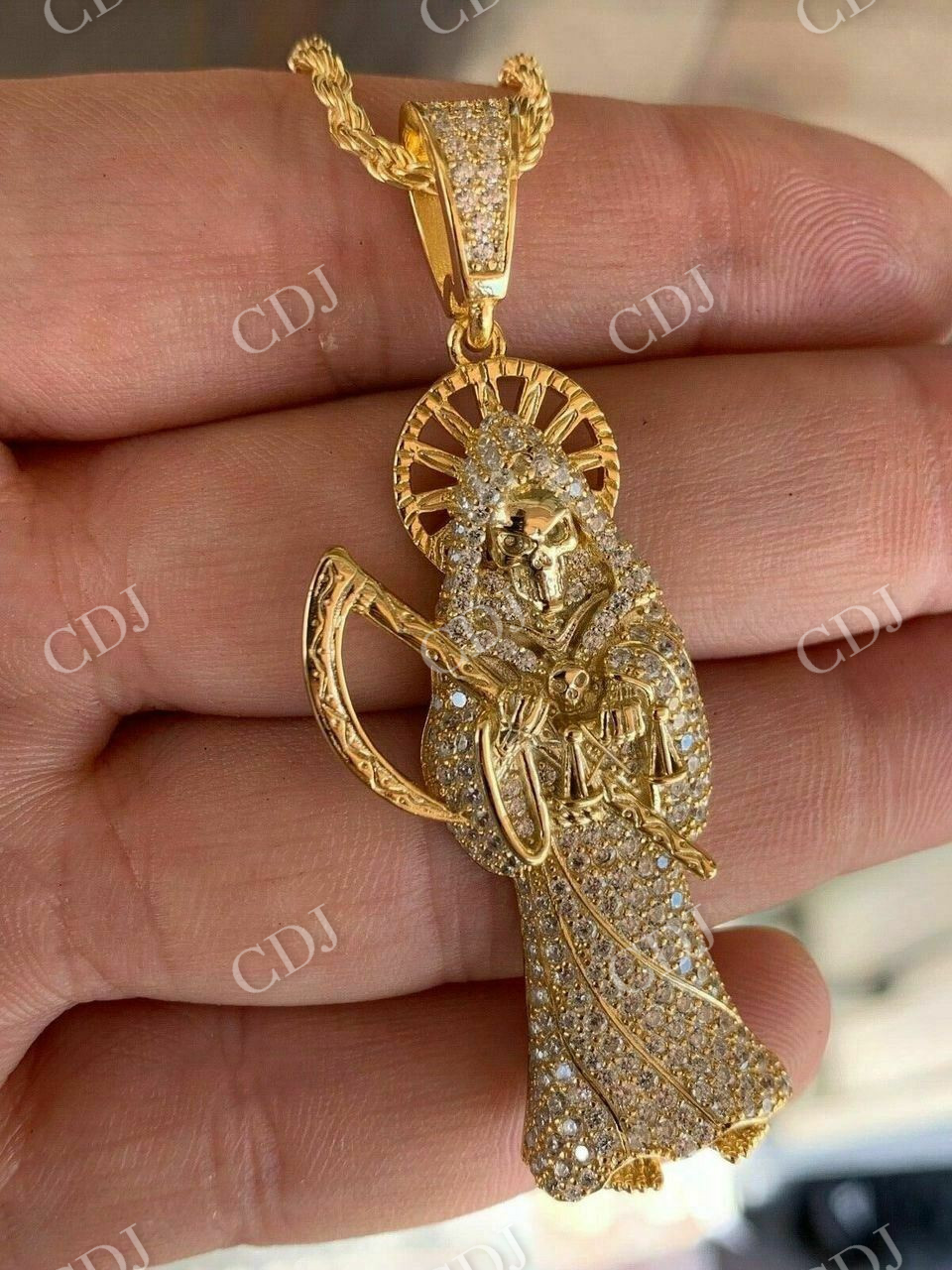 Fully Iced Santa Muerte Grim Reaper Death Pendant customdiamjewel