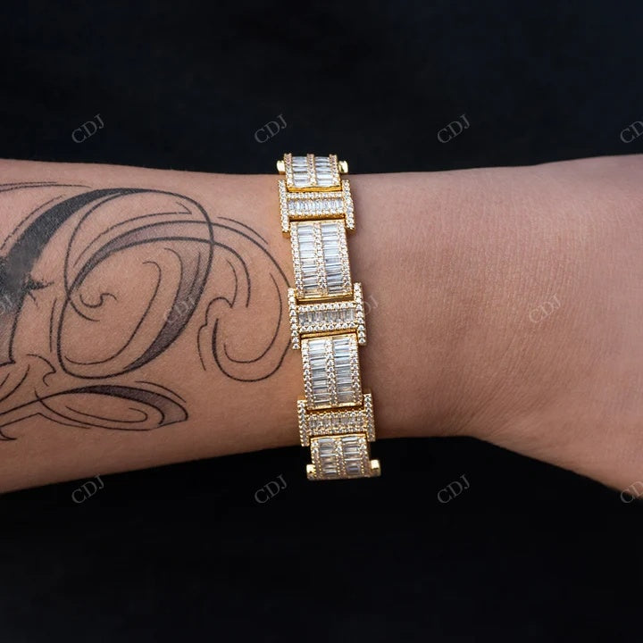 Hip Hop Style Full Ice Out Baguette Cut Diamond Yellow Gold Plated Cuban Bracelet hip hop jewelry CustomDiamJewel