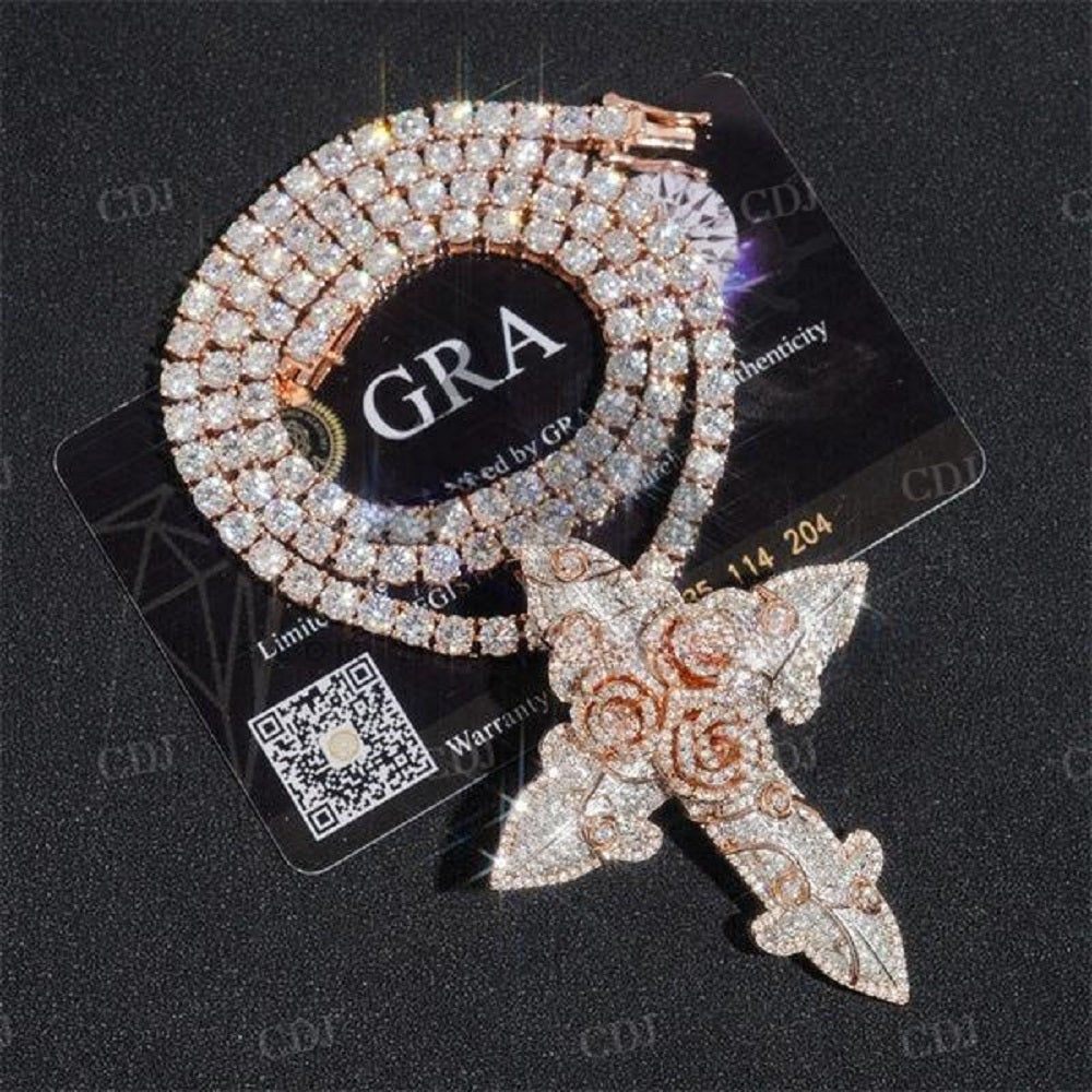 Tall Iced Out Flower Style Cross Diamond Pendant customdiamjewel