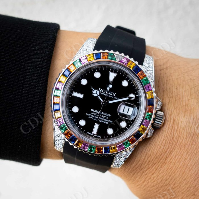 Black Rubber Belt Rolex With Rainbow Bezel Diamonds customdiamjewel