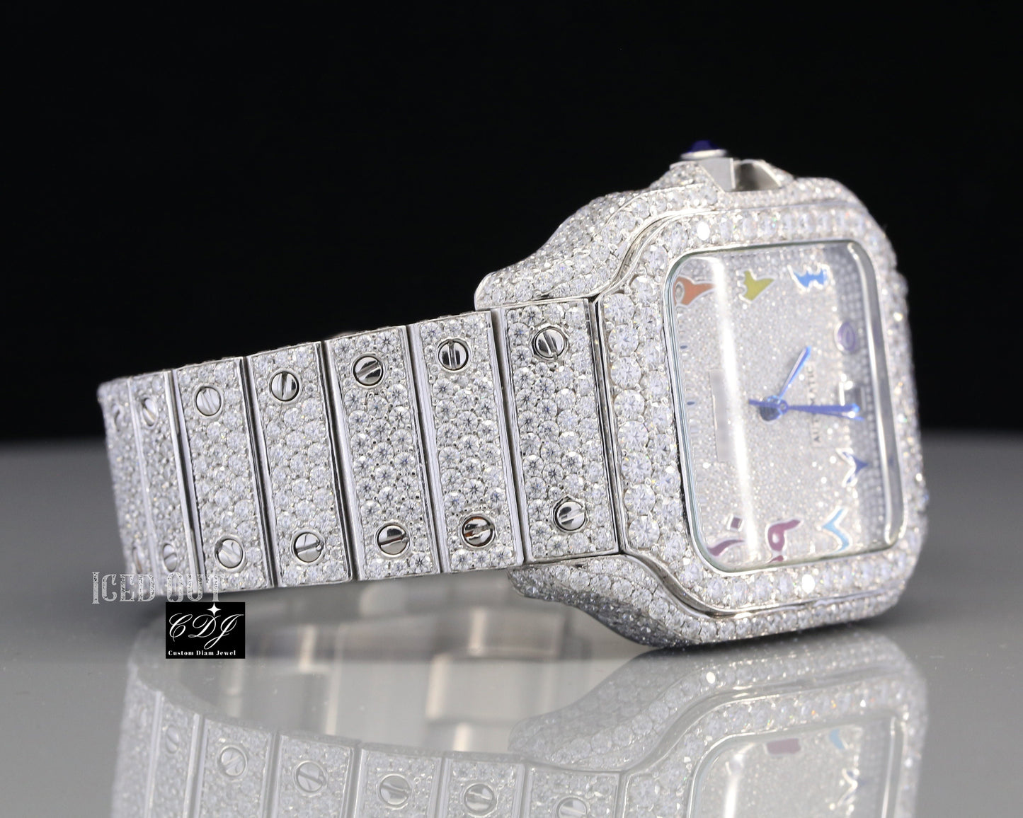 Cartier Santos Rainbow Digit Moissanite Custom Hip Hop Watch customdiamjewel