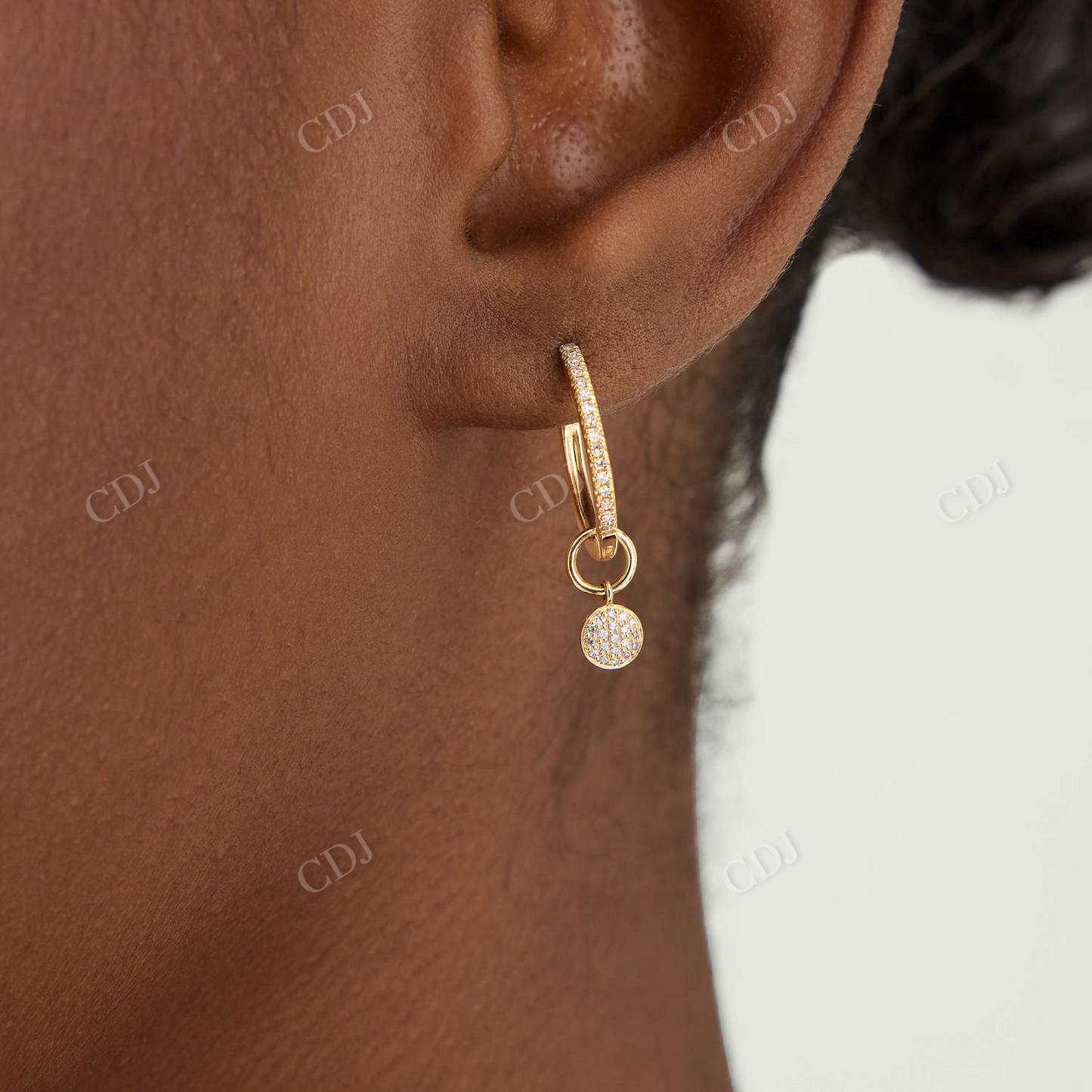 Single Pave Diamond Round Hoop Charm Yellow Gold Earring customdiamjewel
