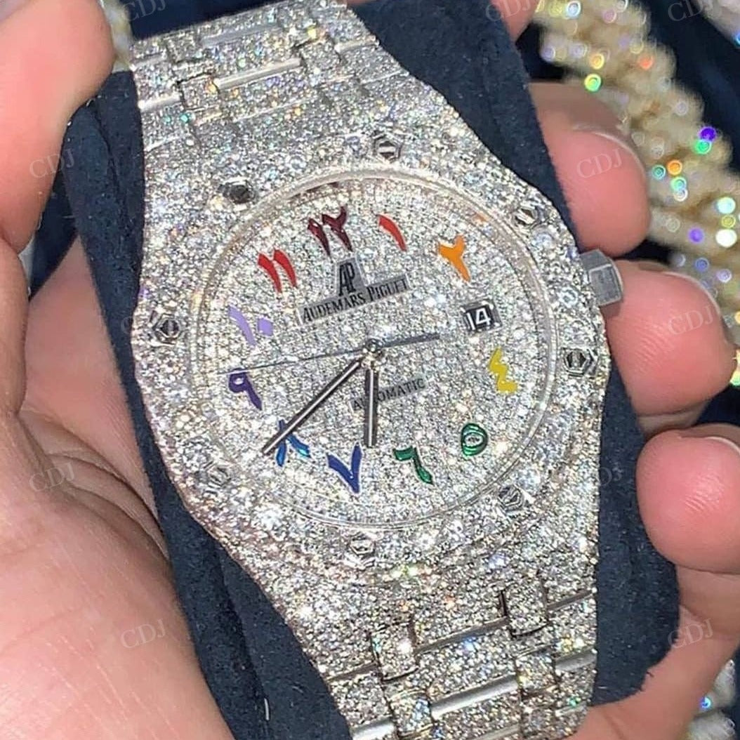 Full White Iced Out AP Modified Rainbow Arabic Dial Hip Hop Custom Watch customdiamjewel