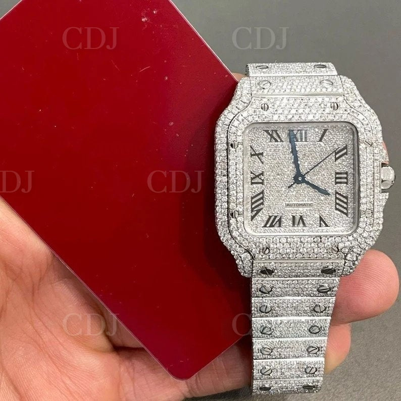 Cartier Santos VVS Diamond Handmade Stainless Steel Hip Hop Watch customdiamjewel