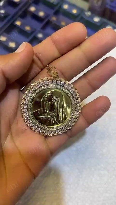 10K Gold Lab Grown Diamond Halo St Mary Necklace hip hop jewelry customdiamjewel   