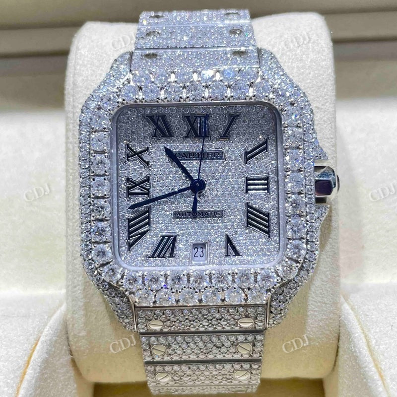 Fully Iced Out Men's Bust Down Moissanite Cartier Santos Watch customdiamjewel