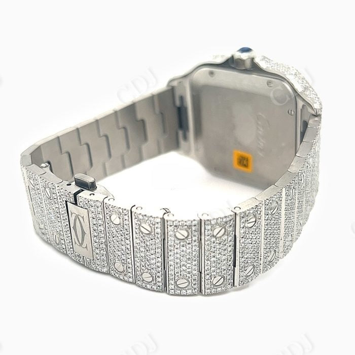 Cartier Santos Blue Dial Fully Iced Out Moissanite Watch customdiamjewel