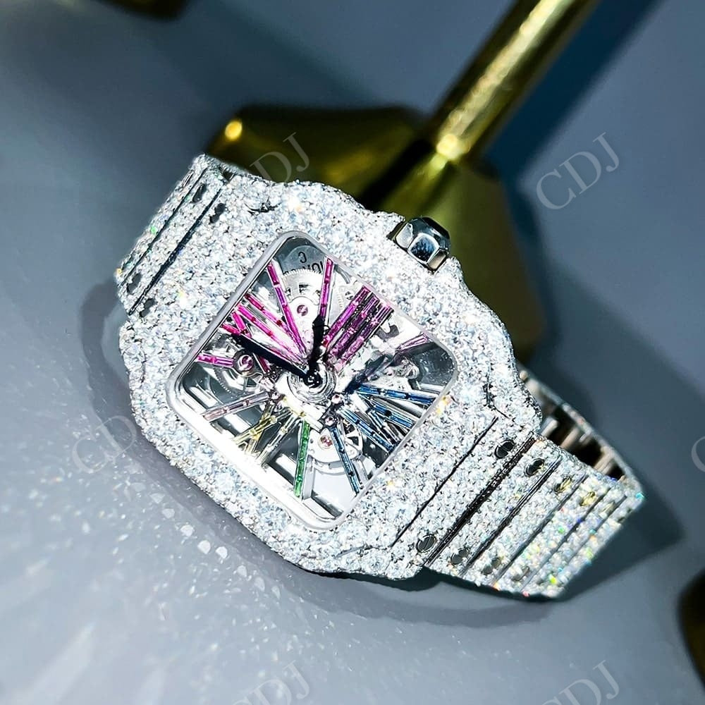 Rainbow Fully Iced Out Custom Cartier Moissanite Watch customdiamjewel