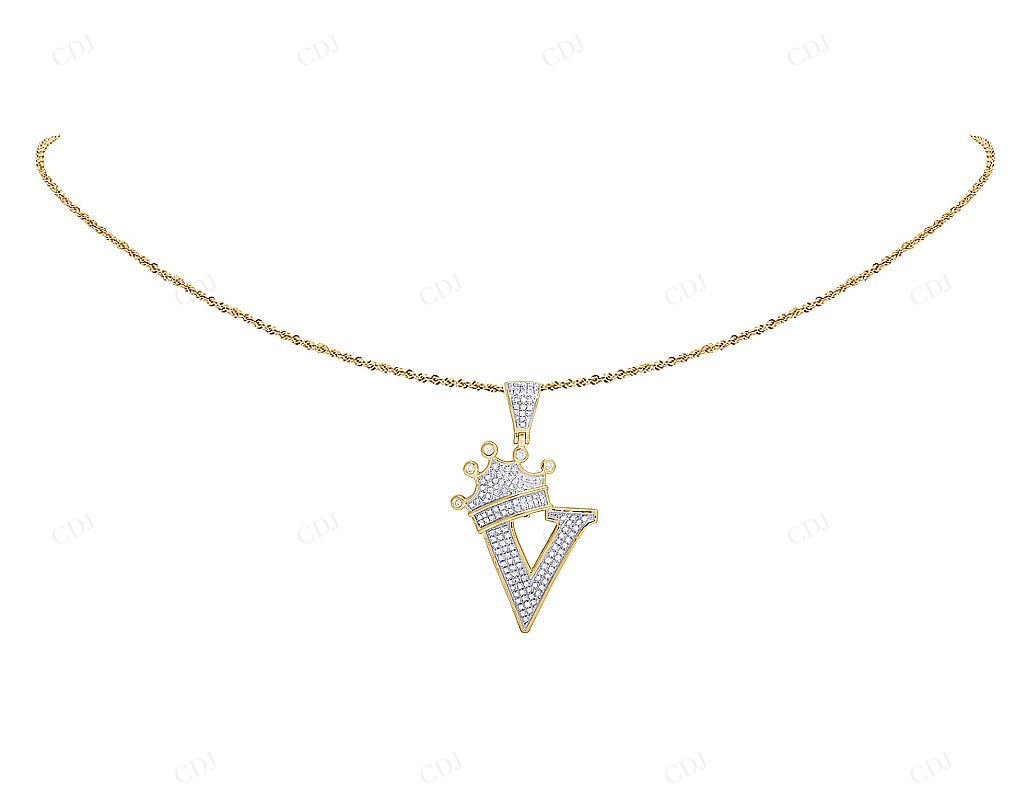 1.6" 0.50 CTW 10K Gold Natural Diamond Crown Initial "V" Pendant CustomDiamJewel