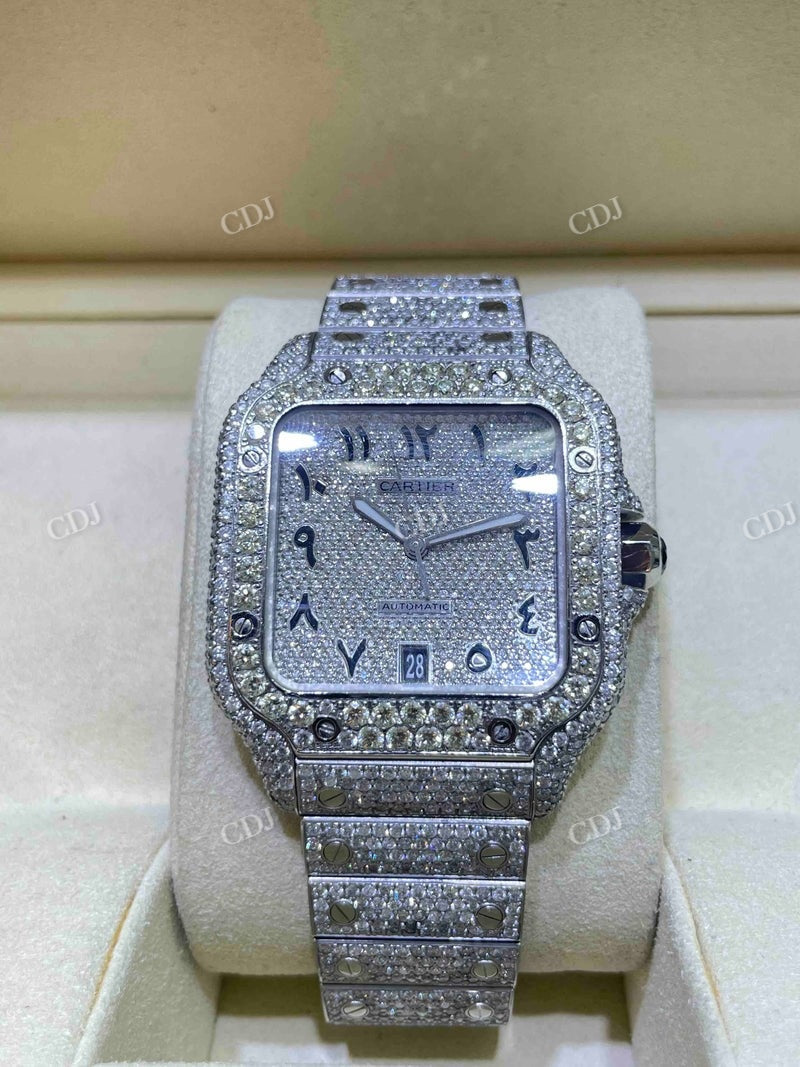 Full White Cartier Santos Arabic Dial Lab Gown Diamond Watches customdiamjewel