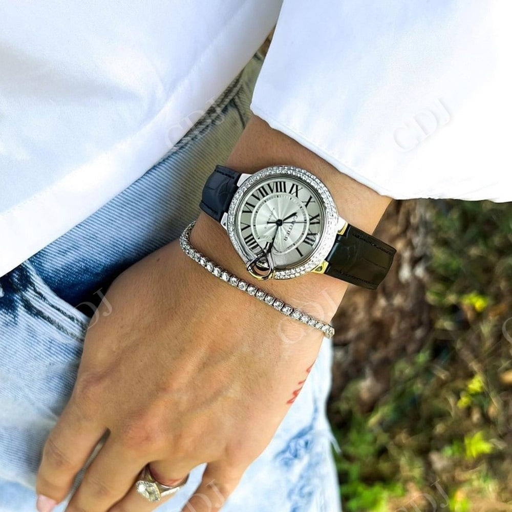 Round Face Cartier Diamond On Bezel Moissanite Watch customdiamjewel