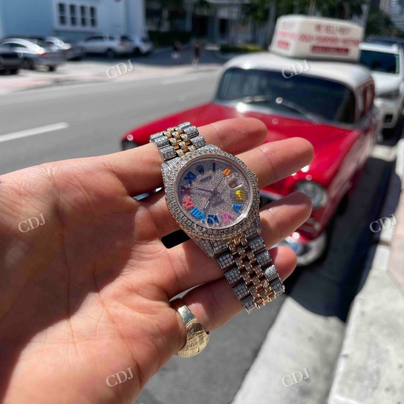 VVS Moissanite Rolex Jubilee Two Tone Rainbow Digit Bust Down Watch customdiamjewel