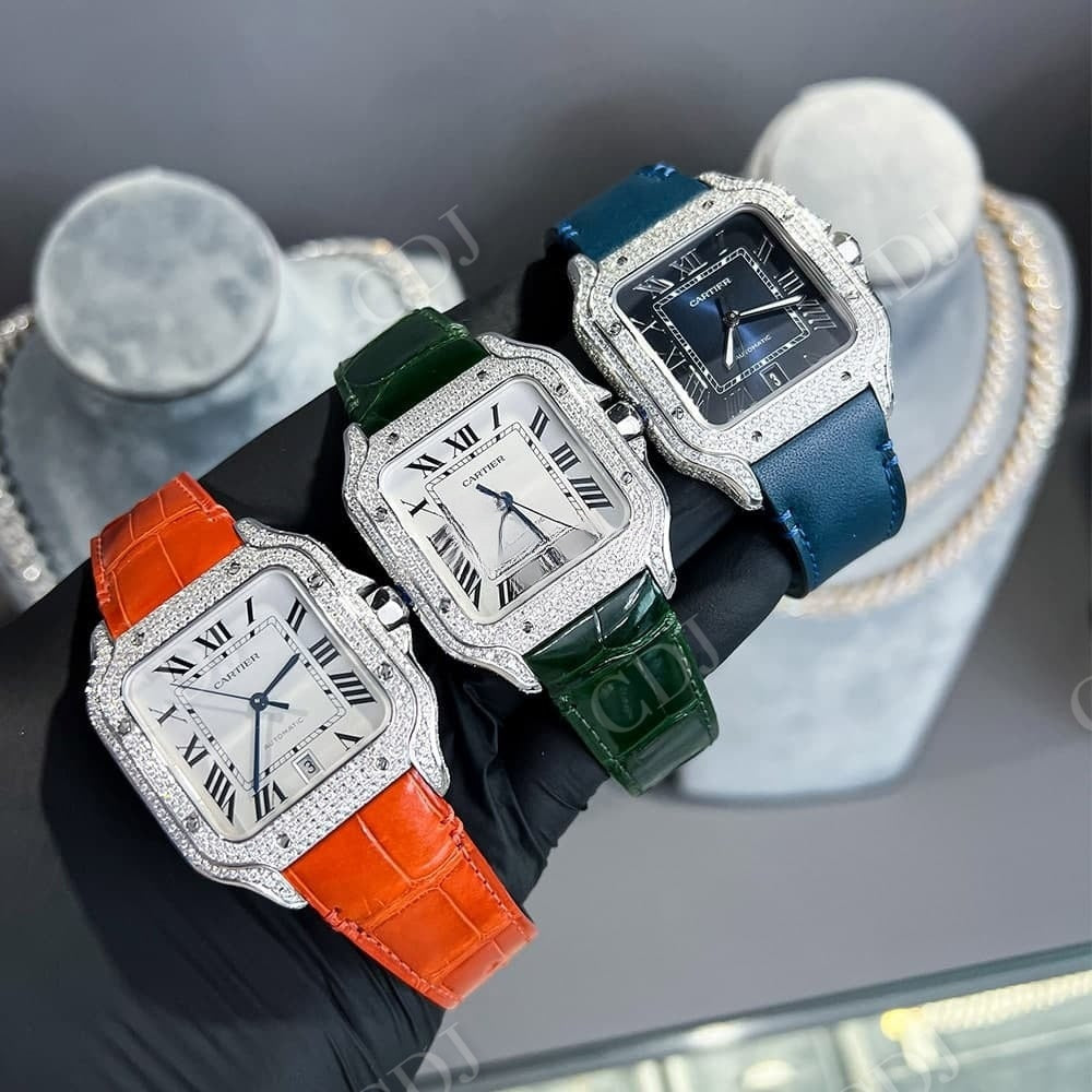 Simple Blue Belt Cartier Santos Moissanite Watch customdiamjewel