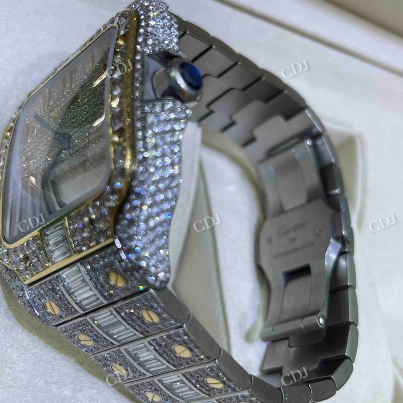 Cartier Santos Baguette On Belt Red Arabic Digit Moissanite Watch For Men customdiamjewel