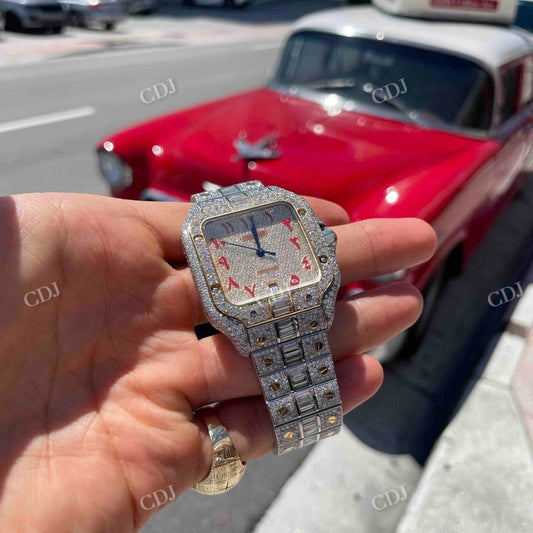 Cartier Santos Baguette On Belt Red Arabic Digit Moissanite Watch  customdiamjewel   