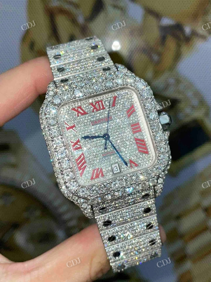 Bust Down Full White Roman Dial Cartier Santos Moissanite Watch customdiamjewel