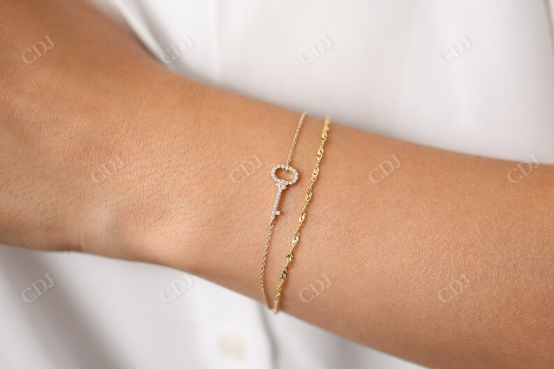 Dainty Key Shape Natural Diamond 14K Gold Charm Bracelet customdiamjewel