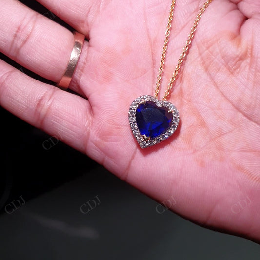 Blue Sapphire Heart Cut And Lab Grown Diamond Halo 14K Gold Love Pendant hip hop jewelry customdiamjewel   