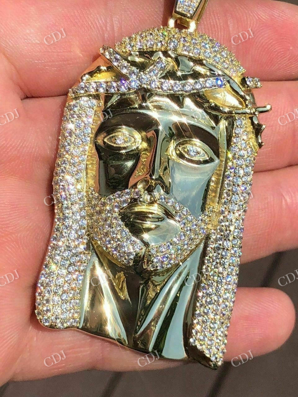 14K Yellow Gold Jesus Piece Iced Diamond Pendant customdiamjewel