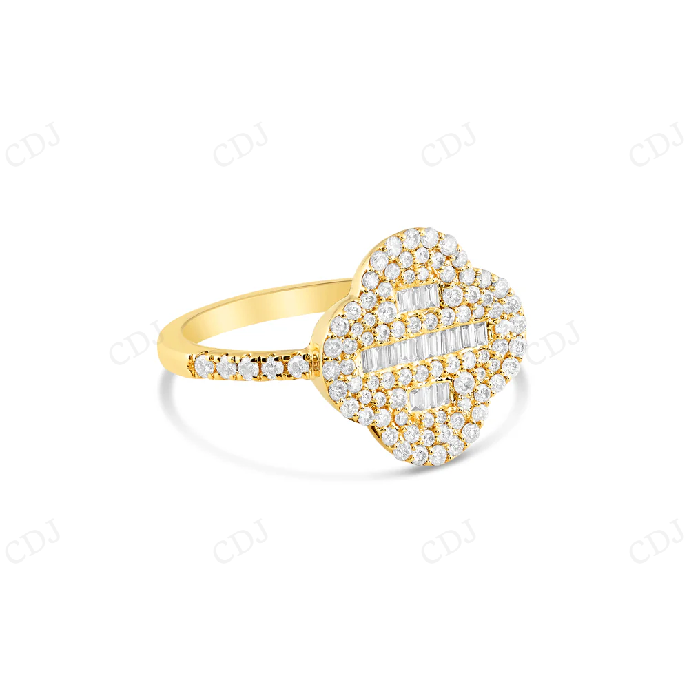 10k Yellow Gold Moissanite Round and Baguette Diamond Clover Ring hip hop jewelry CustomDiamJewel