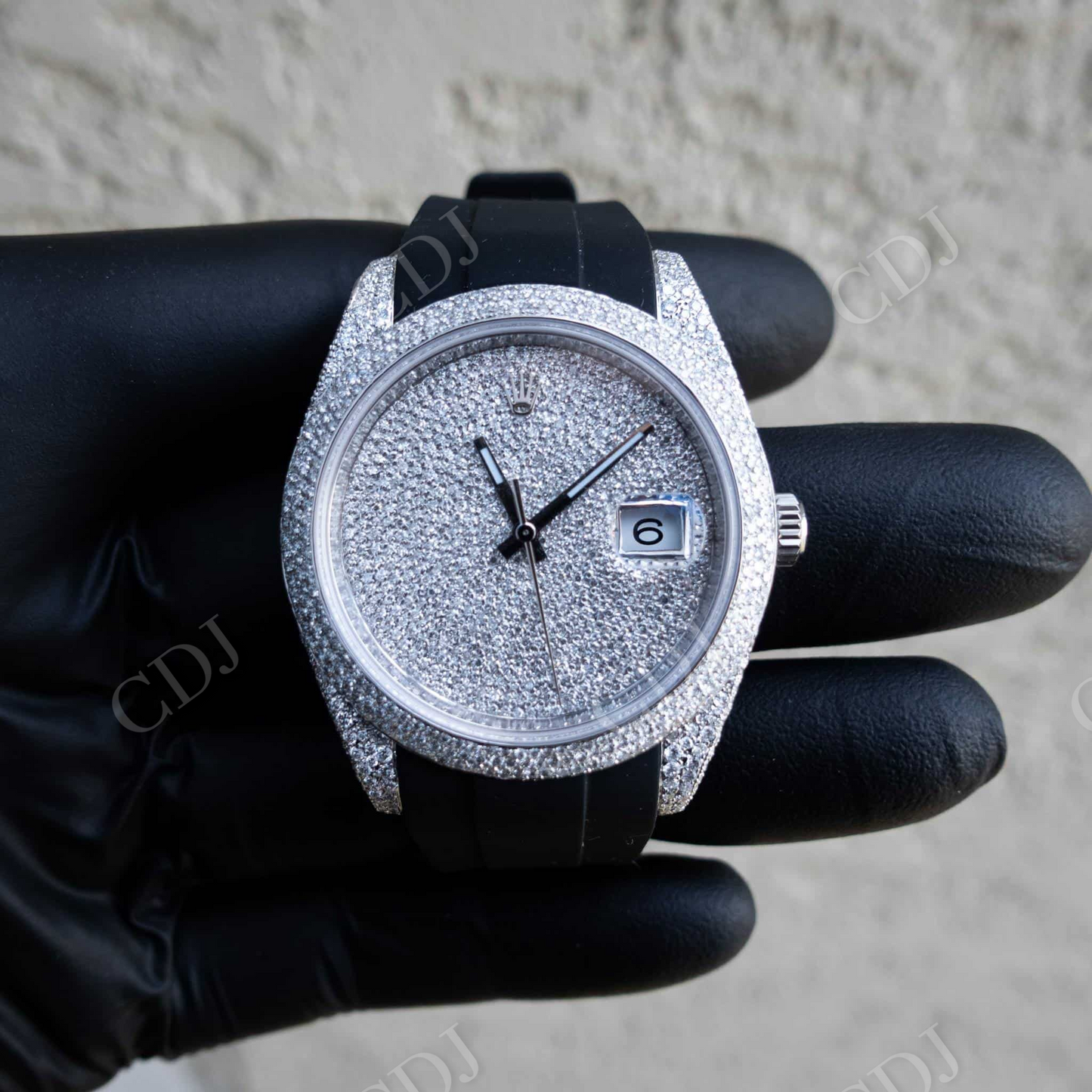 HipHop Customized Black Rubber Belt Rolex Watch customdiamjewel