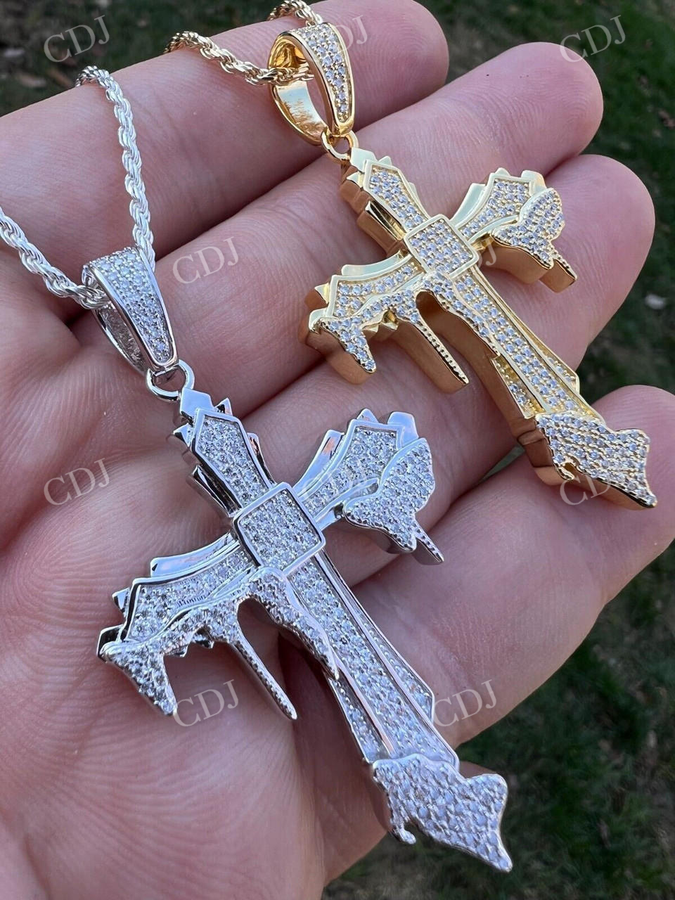 925 Silver Dripping Cross Iced Diamond Pendant customdiamjewel