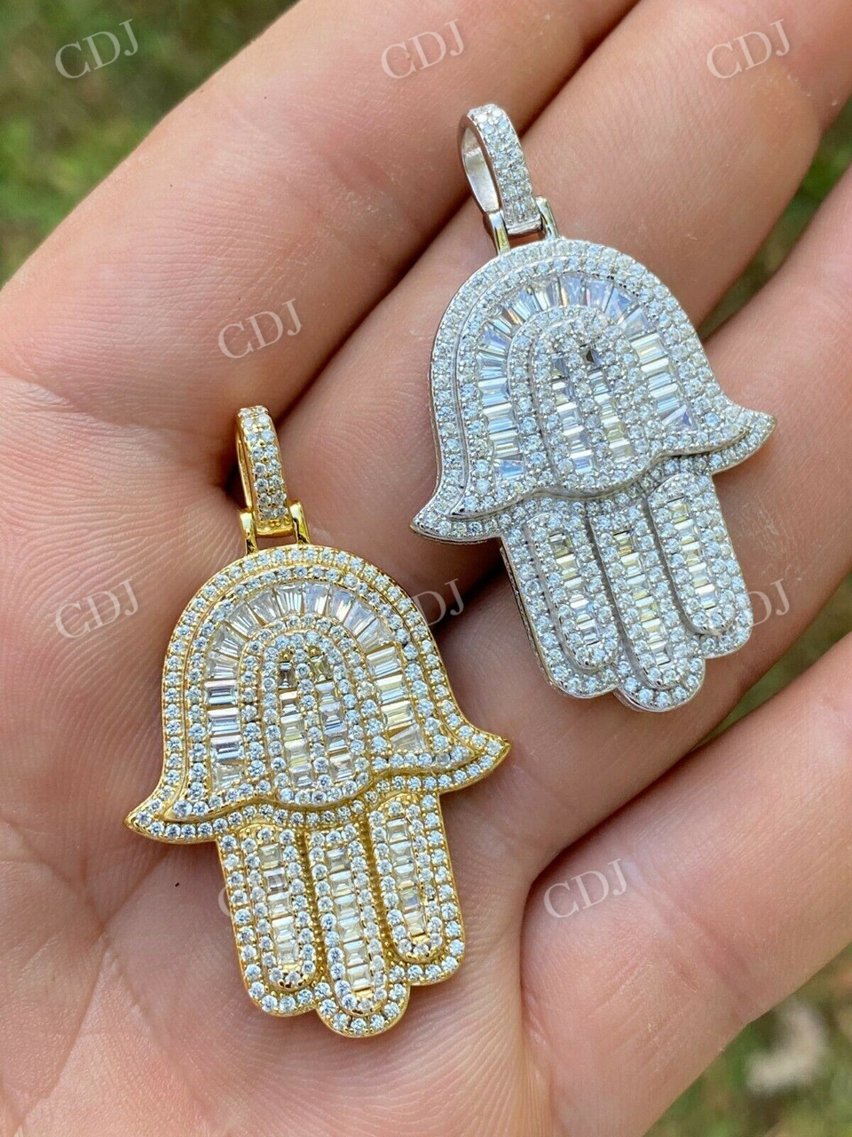14K Gold Hamsa Hand Baguette Diamond Pendant customdiamjewel